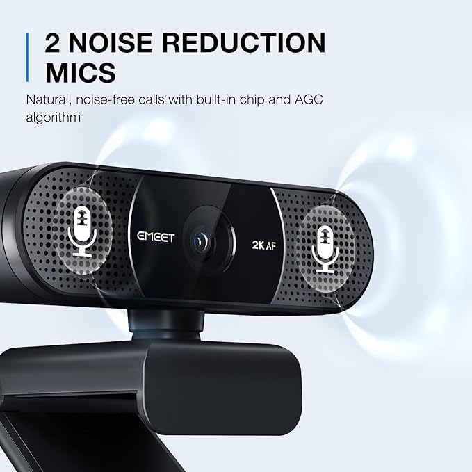 EMEET C960 2K Webcam with Microphone, 2K QHD, 2 Noise-Reduction Mics, TOF Autofocus Streaming Webcam with Privacy Cover, Plug&Play USB Webcam for Calls/Conference, Zoom/Skype/YouTube, Laptop/Desktop