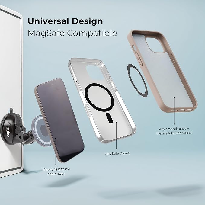 hula+ MagSafe Phone Holder Portable Mount, Reusable Stand for Shower, Mirror, Kitchen, Window, & Bathroom Compatible with MagSafe Adjustable Rotation for Content, TikTok, Movies & Music