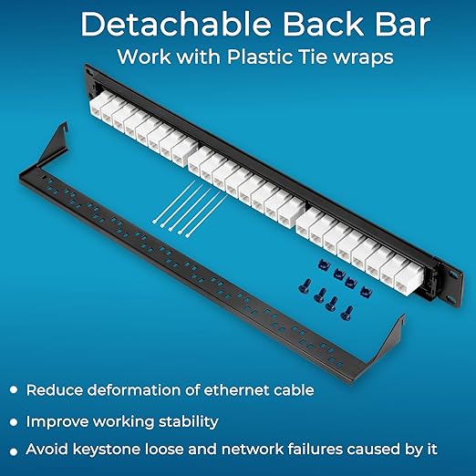 Rapink Patch Panel 24 Port Cat6 with White Inline Keystone 10G Support, Pass-Thru Coupler Patch Panel UTP 19-Inch with Removable Back Bar, 1U Network Panel for Cat6, Cat5e, Cat5 Cabling