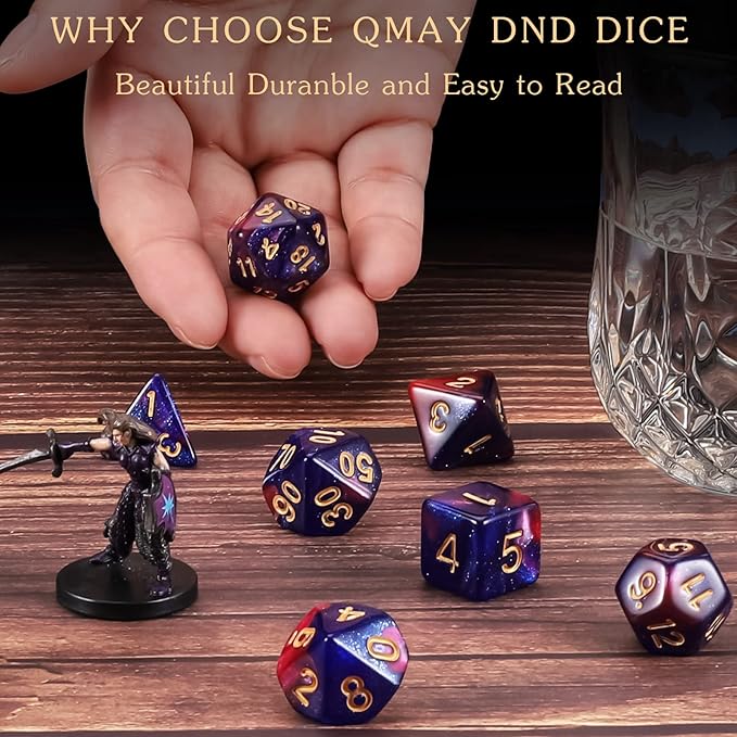 QMAY DND Dice Set - Polyhedral Dice (Blue Mix Purple Nebula) 7 Pcs for Dungeon and Dragons D&D RPG Role Playing Games Dice with Dice Bag