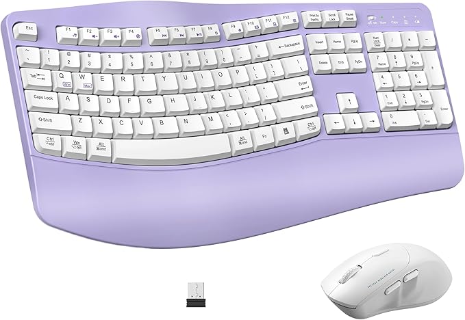 Ergonomic Wireless Keyboard and Mouse Combo, Wave Keys Keyboard with Wrist Rest for Natural Typing, 3 DPI Adjustable Ergonomic Silent Mouse for Computer/Laptop/Windows/Mac (Purple)