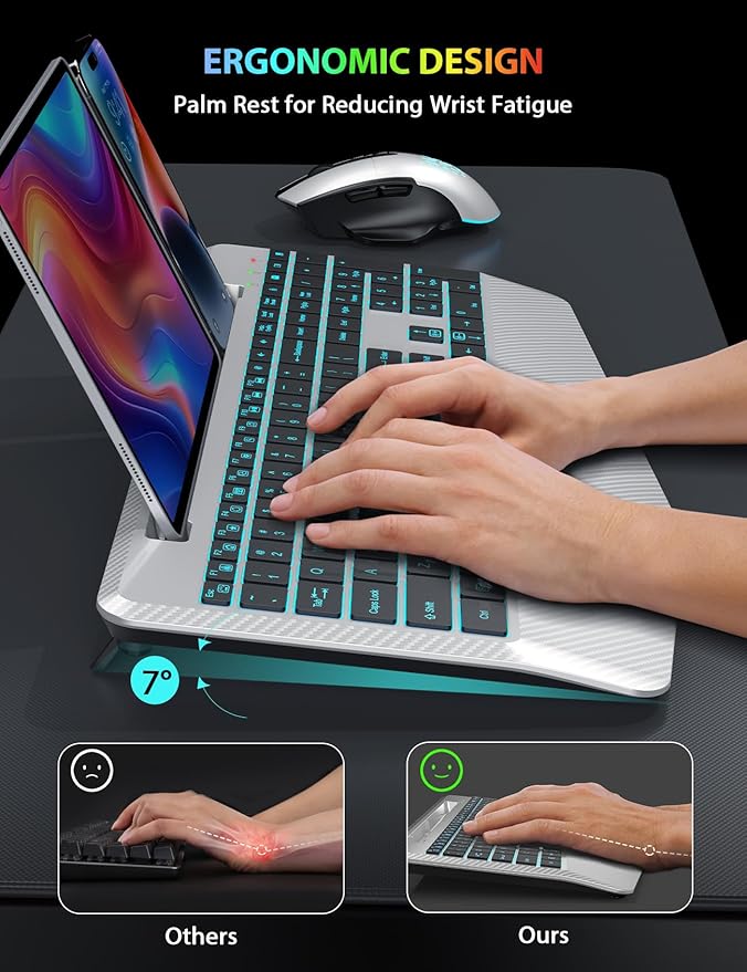 Wireless Keyboard and Mouse Backlits, Wrist Rest, LED Mouse, Rechargeable Ergonomic Keyboard with Phone Holder, Silent Light Up Combo for Computer, Mac, PC, Laptop, Chromebook (Silver Black)