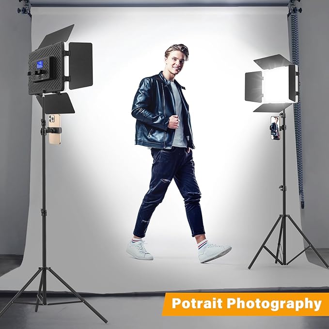 2 Pack Led Video Light Panel Light with Barndoor, 8000mAh Rechargeable Camera Light with 79'' Stand, Photo Studio Lighting kit for Video Recording Live Streaming Outdoor Indoor Photography