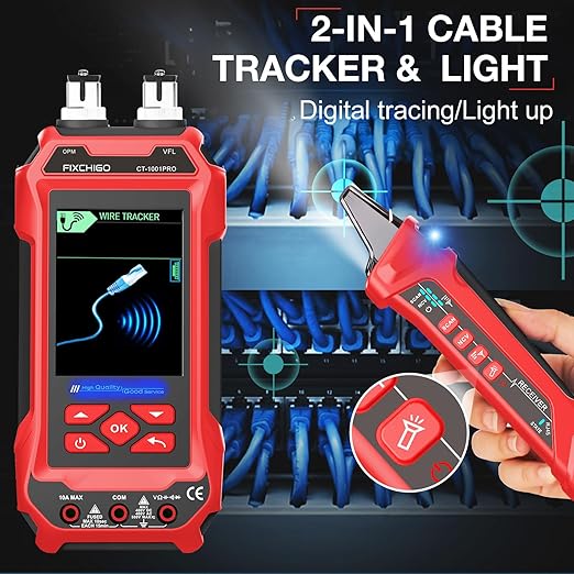 11 In 1 Network Cable Tester with 60000 Digit Multimeter 7 Wavelengths OPM 10Km/10mW VFL 600M Measurable Length 100 Records Tool Kit for CAT5 CAT6 Telephone Ethernet RJ11 RJ45 PoE Wire Tracer NCV, Red
