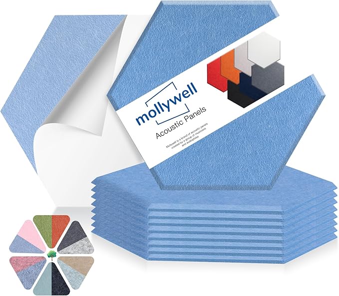 Mollywell Hexagon Acoustic Panels, High Density, Soundproofing, Decorative Noise Reduction Felt Wall Tiles for Ceilings, Home Office & Gaming Room (Sky Blue), 14x12x0.4 Inch