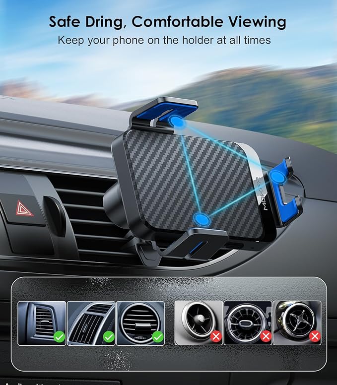 Wireless Car Charger, MOKPR 15W Fast Charging Auto-Clamping Phone Mount Air Vent Cell Phone Holder Compatible iPhone 15/14/13/13 Pro/12 pro/12/11/X/8, Compatible Galaxy S23/S22/S21/S20, etc Blue