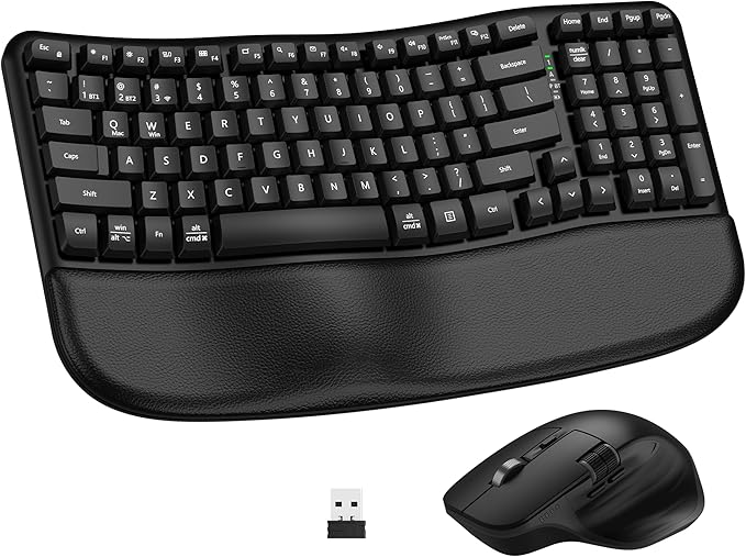Ergonomic Keyboard and Mouse Combo, Bluetooth/2.4G Wireless Ergo Wave Curved Keyboard with Cushioned Palm Rest and 6 Levels DPI Adjustable Silent Mouse, Multi-Device for Windows/Mac/Android