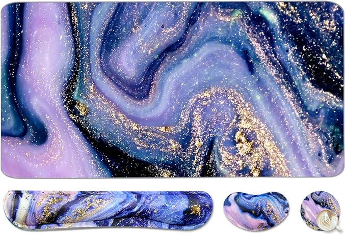 4-in-1 Large Gaming Mouse Pad and Keyboard Wrist Rest, Desk Pad for Keyboard and Mouse, Non-Slip Desk Mat for Home Office Study Game-Purple Marble