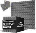 Focusound Grey Acoustic Panels 24 Pack 2"x12"x12" with 120 PCS Double-Side Adhesive - Sound Proof Pyramid Foam for Walls, Home Studio Noise Absorption & Echo Control Kit