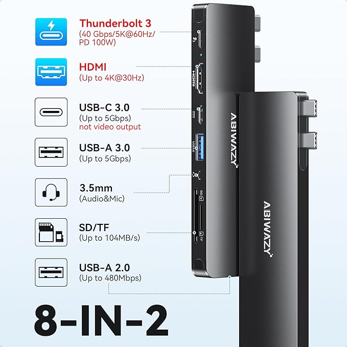 USB C Adapter HDMI USB Multiport Hub,8 in 2 Accessories with HDMI,Thunderbolt 3,USB C and 3 USB A 3.0 Data Ports SD TF Card Reader, Audio(Black)