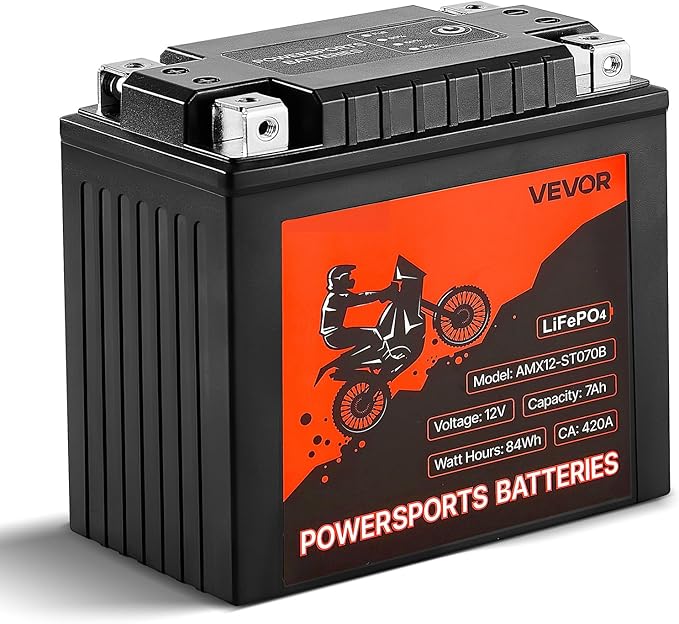VEVOR Motorcycle Battery, 12 Volt 7Ah, LiFePO4 Lithium Pre-Charged Powersports Battery, Maintenance Free & High Performance, Compatible with ATV, Motorcycle, Jet Skis, Scooter, UTV, and More