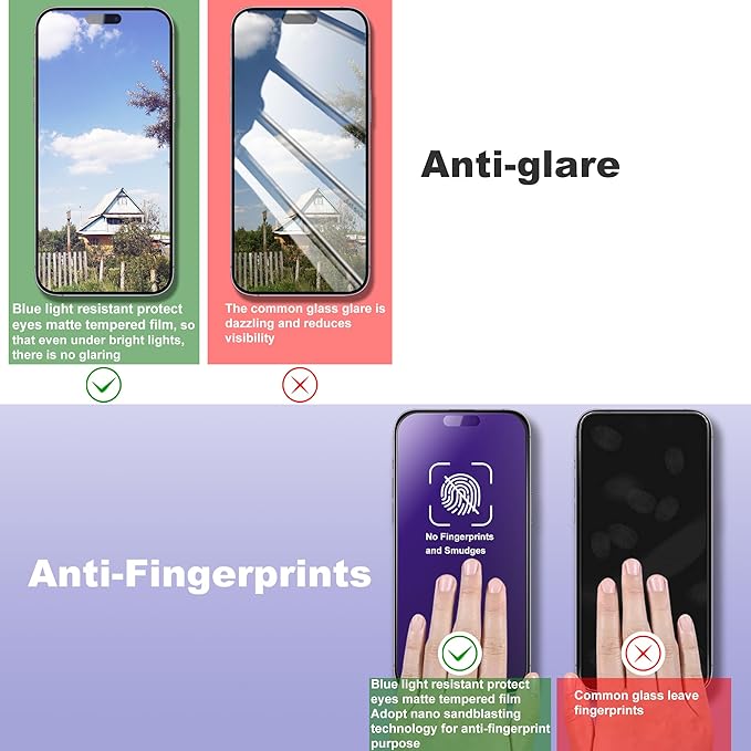 2 Pack Anti Blue Light Matte Screen Protector for iPhone 16 and iPhone 15 and iPhone 14 Pro 6.1-Inch Auto Dust Removal, No Bubbles, Tempered Glass Film, Easy Installation