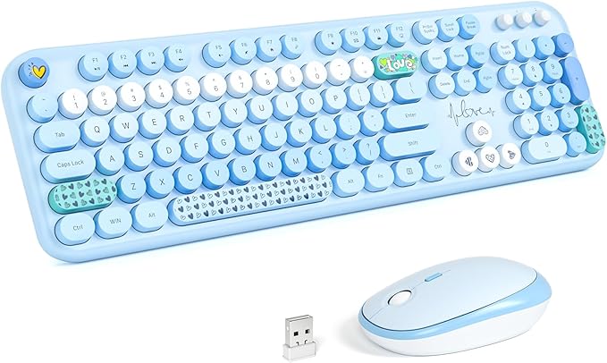 KNOWSQT Wireless Keyboard and Mouse Combo - Lovely Blue Rainbow Full-Sized Typewriter Colorful Keyboards, Round Keycap USB Plug Play Retro Cute Keyboards for Windows, Laptop, PC, Desktop, Computer