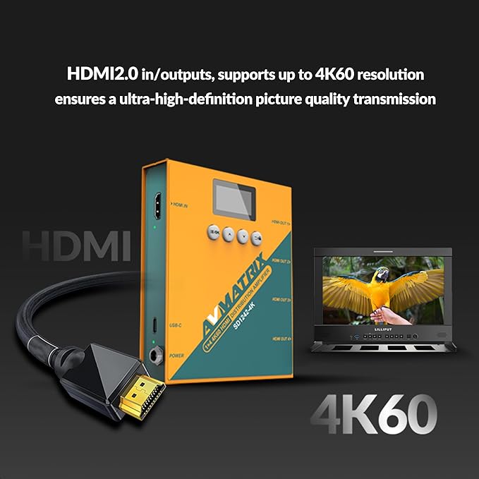 Avmatrix SD1242-4K HDMI Splitter, 1 in 4 Out, HDMI 2.0 interfaces Support 4K@60Hz, RGB 4:4:4, USB & DC Dual Power Supply, EDID Management, Compatible for HDTV, PS4