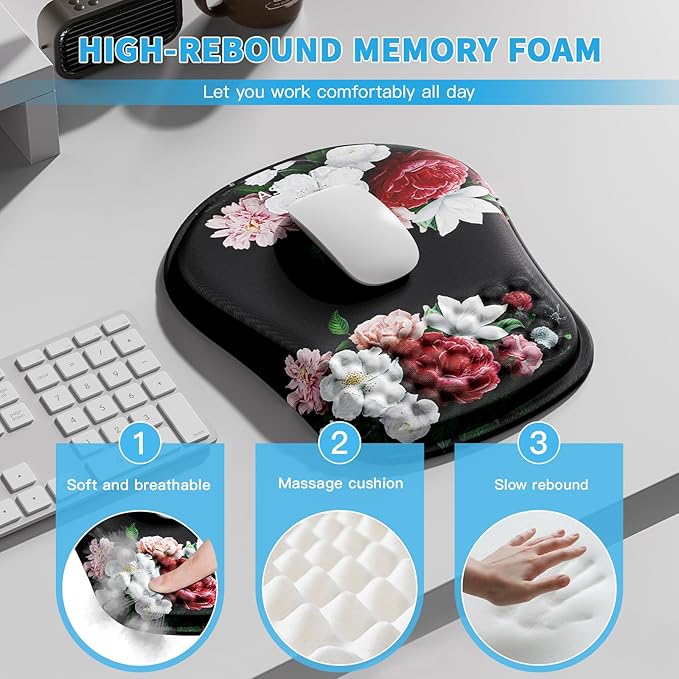 Mouse Pad with Wrist Rest, Ergonomic Mousepads with Wrist Support, Soft Lycra Fabric Memory Foam Office Desk Accessories for Comfort/Pain Relief/PC Gaming/Computer/Laptop (Black Peony)