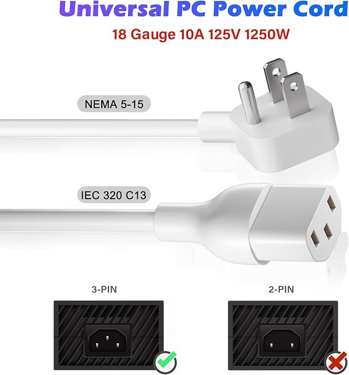Adoreen 20 Ft Computer TV Replacement Power Cord White, Low Profile Flat Plug 18AWG 3-Prong AC Universal Power Supply Cable NEMA 5-15P to IEC 320 C13 for Printer, PC, Monitor TV LCD, ETL+Ties