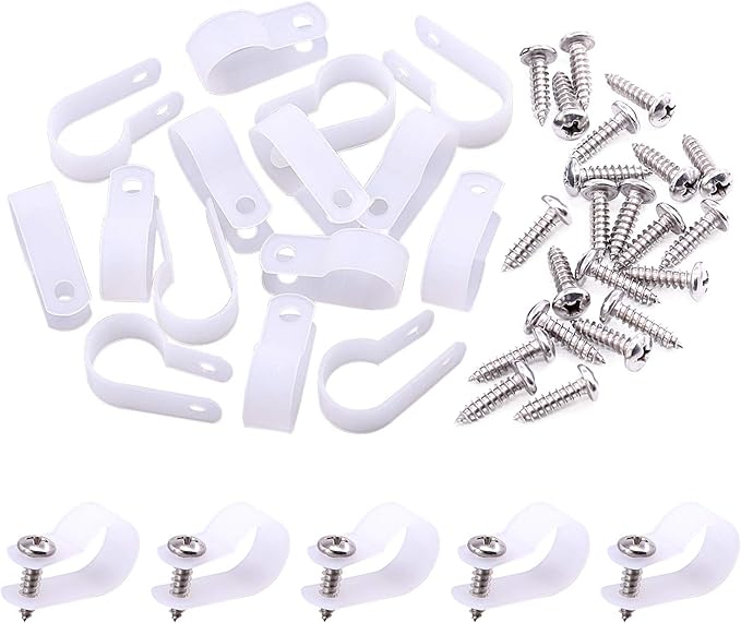 Swpeet 120 Pack White 5/8 Inch Nylon Plastic R-Type Cable Clips Clamp Kit, Nylon Screw Mounting Cord Fastener Clips with 120 Pack Screws for Wire Management (5/8 Inch, White)