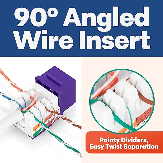 Everest 90° Angled RJ45 Cat6 Keystone Jacks 100-Pack in Purple - Slim Profile Female RJ45 Connectors - Cat 6 Keystone Jack - Compatible with 90° Angled Speed Termination Tool - easyJACK (B094WB91H3)