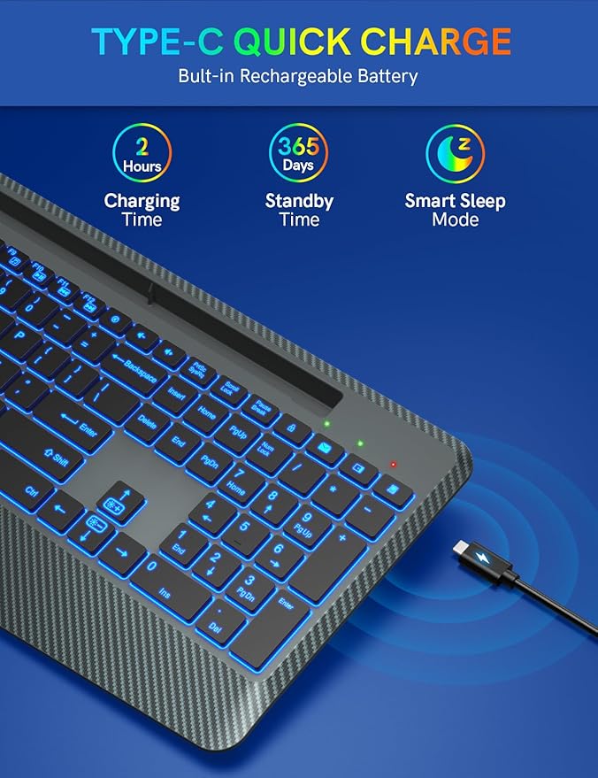 Wireless Keyboard with 7 Colored Backlit, Wrist Rest, Phone Holder, Rechargeable Ergonomic Computer Keyboard with Silent Key, Full Size Lighted Keyboard for Windows, MacBook, PC, Laptop (Gray)