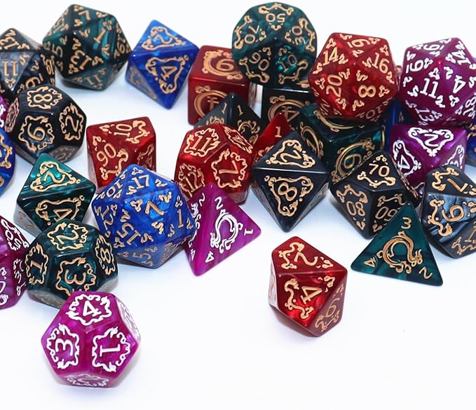 Polyhedral DND Dice Set, 5 Pack Vintage Dragon-Patterned Dice Sets Compatible with Dungeons and Dragons D&D RPG Games,35 Pieces (5 Colors with Black)
