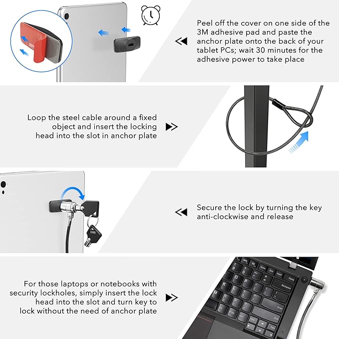 AboveTEK Laptop Lock, Tablet Lock Security Cable, 2 Keys Sturdy Steel iPad Locking Kit w/Adhesive Anchors, Anti Theft Hardware Protection for iPhone Mobile Notebook Computer Monitor MacBook Laptop