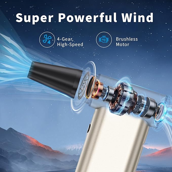 Compressed Air Duster, 300000RPM Electric Air Dusters Mini Blower Jet Turbo Fan, 4-Gear Adjustable Rechargeable & Cordless Air Duster, Dust Blower for PC, Keyboard, Home, Outdoor and Car