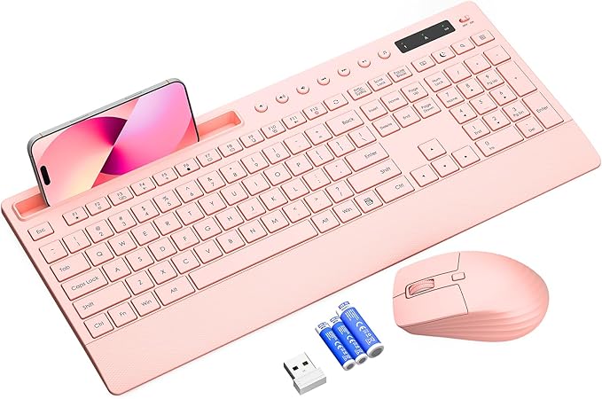 Pink Keyboard and Mouse Wireless, 2.4G Lag-Free Cute Keyboard Combo with Ergonomic Wrist Rest, Phone Holder & Batteries Included, Cordless Silent Key Board Set for Computer, PC, Windows - Trueque