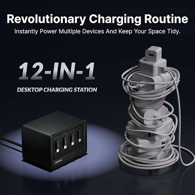 Gitryin 12-in-1 Desktop Charging Station with 4 Retractable Type-C Wall Chargers, 40W USB-C Power Strip with Flat Plug, Extension Cord with 1020J Surge Protection for Home Office