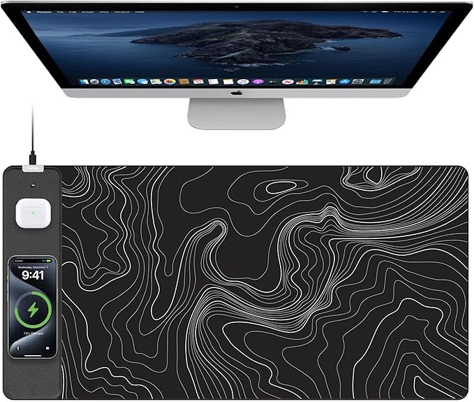TopMade Mouse Pad with 15W Fast Wireless Charging, 31.5"x15.75" XXL Large Gaming Waterproof Desk Pad with Ultra-Smooth Surface, Non-Slip Base, Computer Desk Mat, Black Topographic Map #2