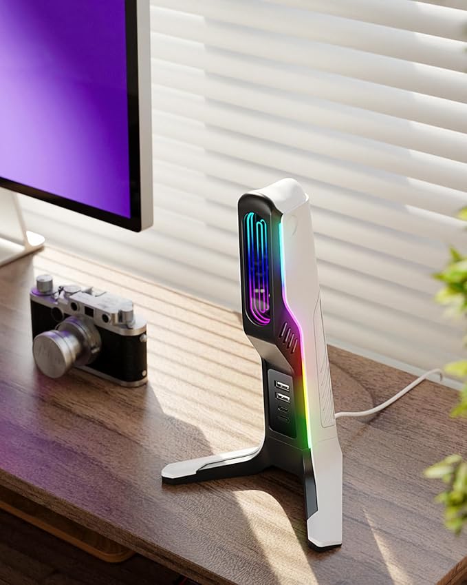 RGB Gaming Headset Stand with 2 USB and 1 Type-C Ports, Game Headphone Mount for PC Computer, Xbox One, Xbox Series S/X, PS5, PS4, Earphone Holder Hanger, Desk Gamer Accessories, Black&White