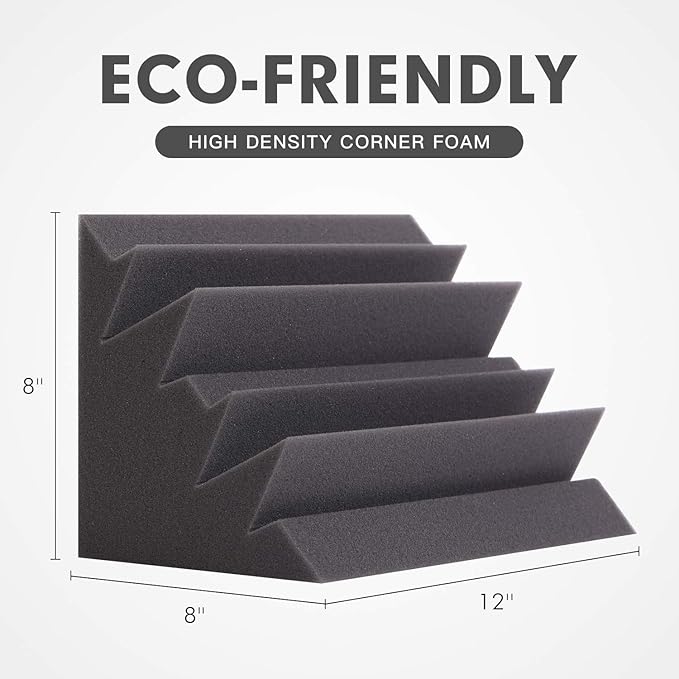 8 Pack - Bass Traps Acoustic Foam Corner, 8''x8''x12'' Black Bass Traps Corner Studio Foam, High Density and Fire-Proof Bass Traps Acoustic Panels Recording Studio Acoustical Treatments