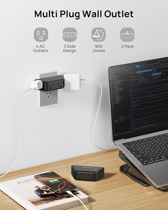 TROND Outlet Extender Surge Protector 2 Pack - Multi Plug Wall Outlet with 4 Grounded Sockets, Angled Wall Plug Splitter, 900J, Multiple Adapter for Home Office Travel Dorm Room, Black