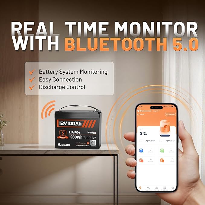12V 100Ah LiFePO4 Lithium Battery with Bluetooth - BCI Group 24 15000+ Deep Cycle Battery, Built-in 100A BMS & Low-Temp Protection, for RV/Marine/Trolling Motor/Off-Grid/Home Backup