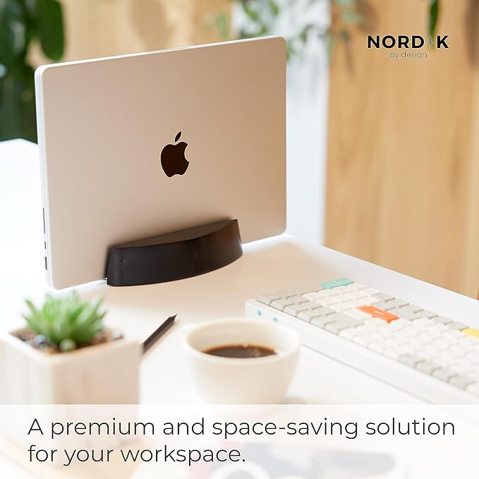 Nordik Vertical Laptop Stand - Black - Premium Laptop Dock and Holder for Home Office, Software Engineers - Space Saving Desk Dock for Mac Users and Laptop Users - Stable Non-Slip Wood Stand