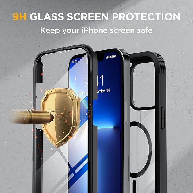 Miracase Magnetic Case for iPhone 13 Pro 6.1 Inch,with MagSafe,Built in Screen Protector,Full Body Protective(Black)