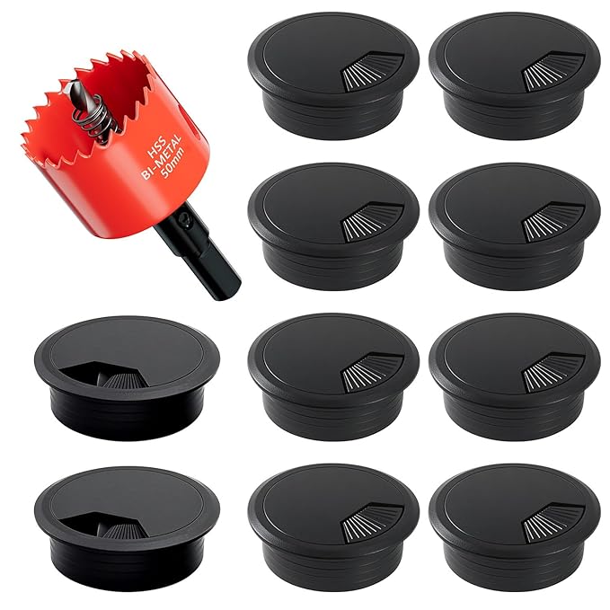 Desk Grommet & Cable Grommet 2 Inch (10 Pack) - Black Desk Hole Cover with Hole Saw - Cable Management Kit for Office, TV Stand, Workstation - Hide Wires Behind Wall, Cable Pass Through (50mm)