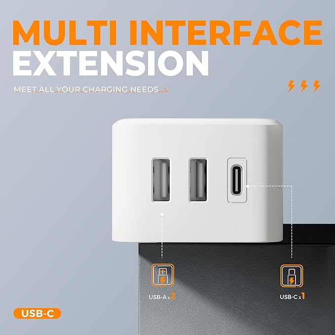 Short Flat Extension Cord, TESSAN Small Power Strip with 3 USB Port (1 USB C), 3 Outlets Small Charging Station, 3 ft Slim Plug for Cruise Travel Office School Dorm Room Essentials