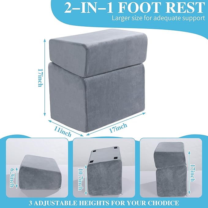 ROYALAY Adjustable Foot Rest Under Desk for Office, High-Density Foam Foot Rest with 3 Adjustable Heights, Ergonomic Footrest with Washable Cover for Home, Airplane, Travel(17 * 11 * 17in, Gray)