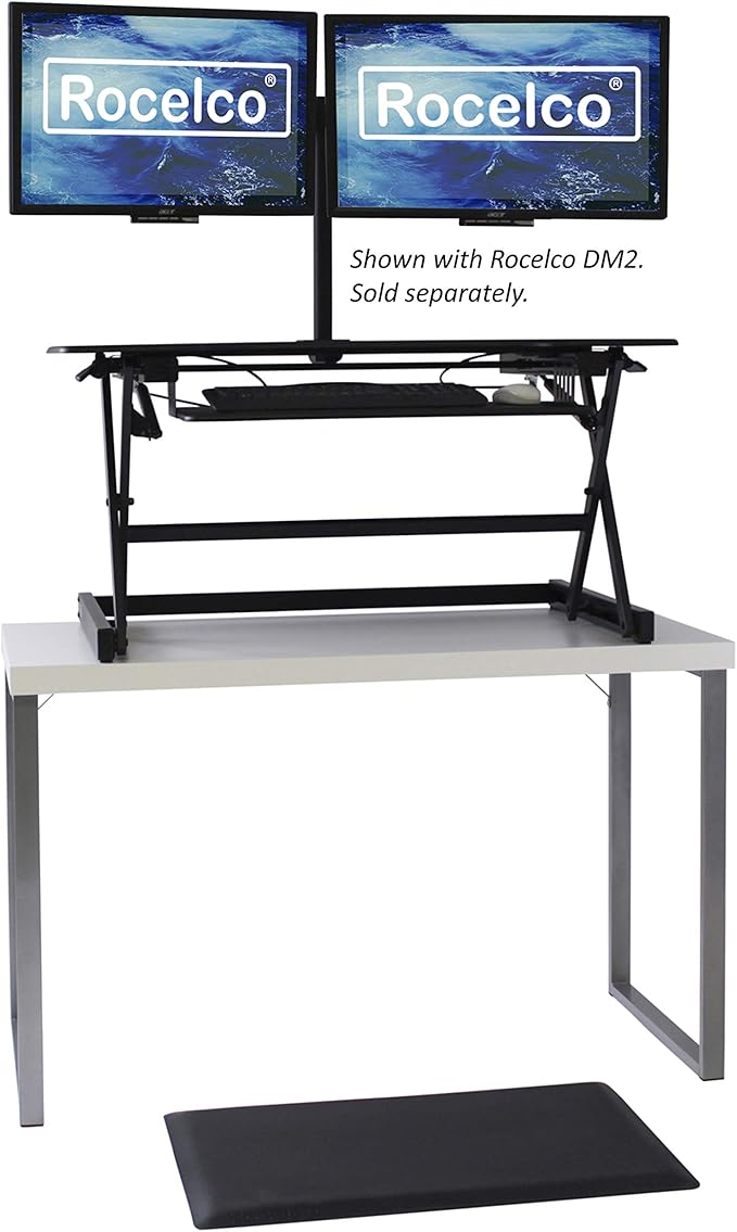 Rocelco 40" Large Height Adjustable Standing Desk Converter with Anti Fatigue Mat BUNDLE - Tall Quick Sit Stand Up Computer Workstation Riser - Retractable Keyboard Tray - Black (R DADRB-40-MAFM)