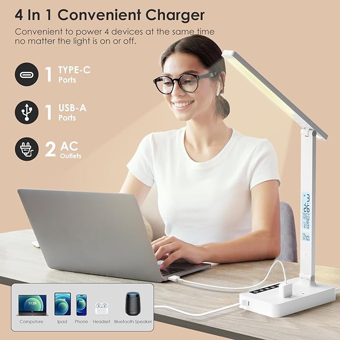 Infiway Desk Lamp with USB Charging Port: LED Desk Lamps for Home Office - 1 Type-C, 1 USB-A Charging Port, 2 AC Power Outlets - Touch Control Dimmable 5 Color 5 Brightness