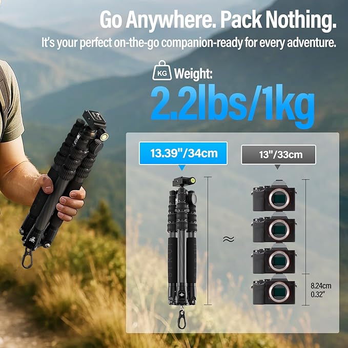 SIRUI Lightweight Carbon Fiber Travel Tripod, 6kg Load Capacity Compact Camera Support with Carry Bag, Portable for DSLR Mirrorless Cameras, Max Height 54" for Hiking Vacation Vlogging
