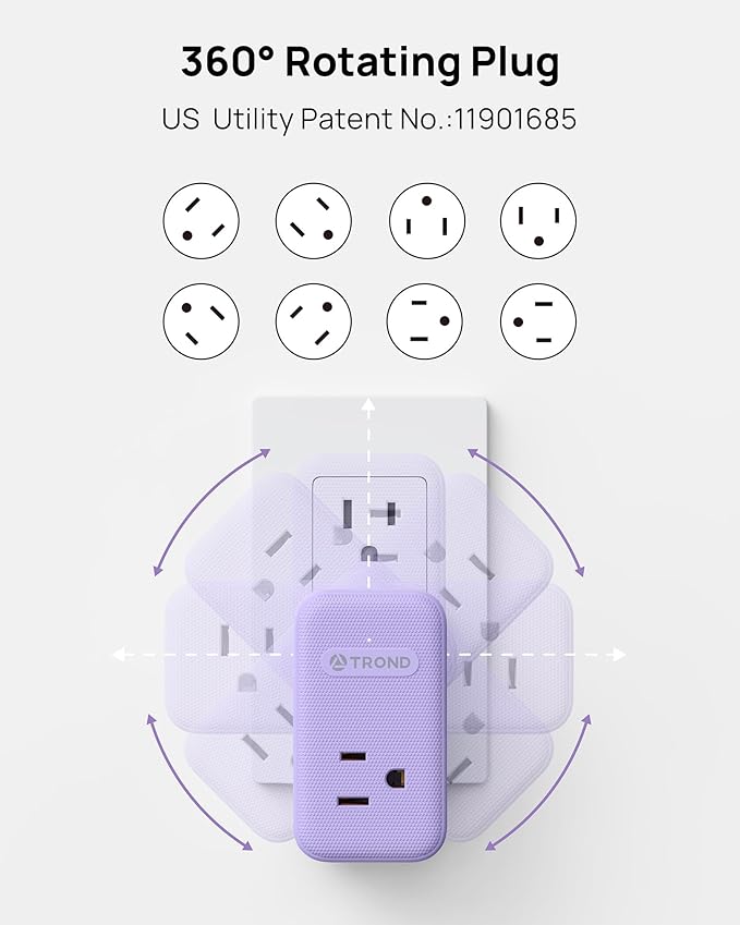 TROND Multi Plug Wall Outlet, 3 AC Outlet Extender with 360 Rotating Plug, Small Wall Adapter with PD 20W USB C, Cute and Durable for Purple Lovers, Goes with All Scenes Purple Vibe