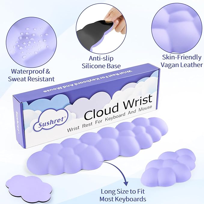 Cloud Wrist Rest Keyboard, Cloud Keyboard Wrist Pad Set with PU Leather Memory Foam, Cute Arm Rest for Palm Support, PC/Gaming Desk Accessories/Office Setup/Computer Hand Cushion - Purple