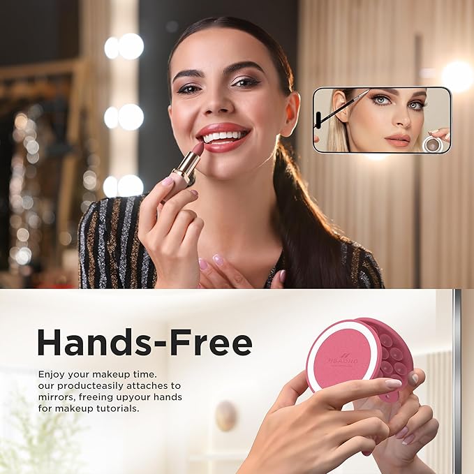Magnetic Suction Cup Phone Mount for MagSafe Case, Silicone Hands-Free Grip Holder for iPhone and Android, Mirror Shower Phone Stand for Makeup FaceTime Gym Kitchen Bathroom, Camellia Red