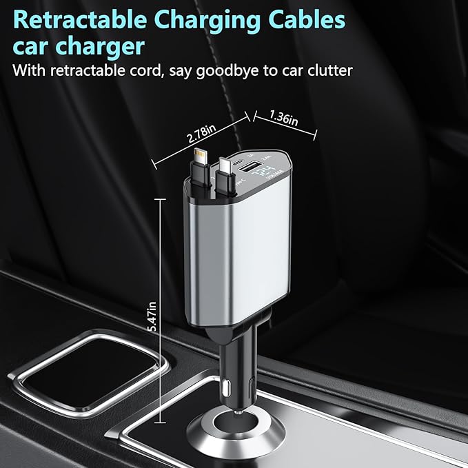Retractable Car Charger, 120W 2.7Ft Retractable Cables and 4 Electronic Ports, Car Accessories Compatible for iOS & Android Cell Phones All Device Charging
