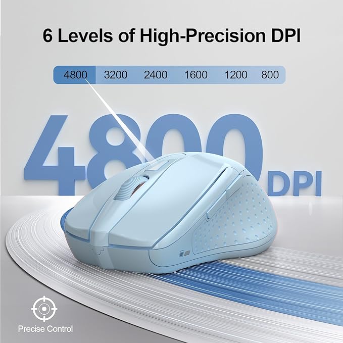 TECKNET Wireless Mouse (2.4G & BT5.0/3.0) Silent 4800 DPI Computer USB A & Bluetooth Mouse 6 Buttons, Wide Compatibility - Lightblue
