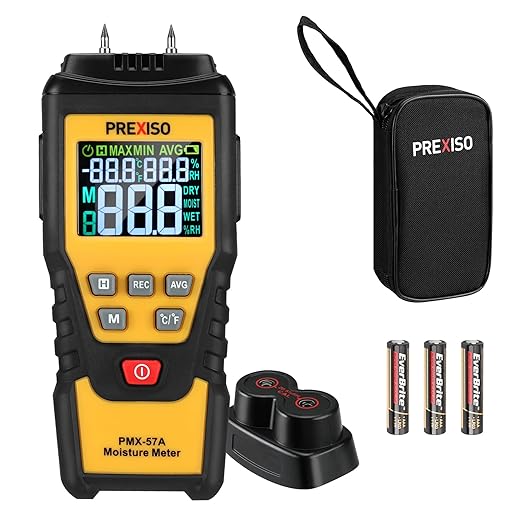 PREXISO Wood Moisture Meter - 7 in 1Digital Moisture Meter for Firewood, Woodworking, Walls, Home, Drywall, Paper, Floor - Moisture Reader, Pin-Type Water Leak Detector, Dampness Meter