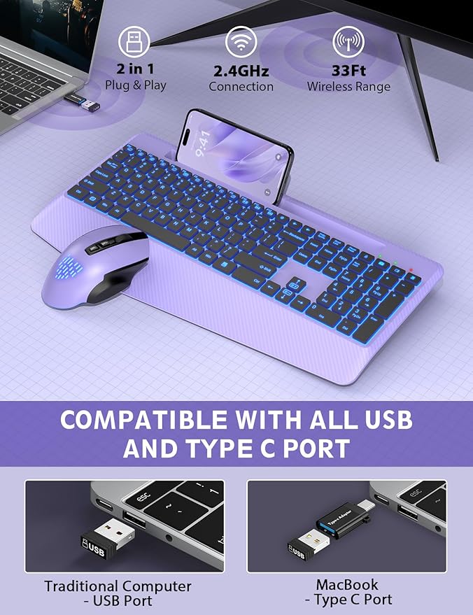 Wireless Keyboard and Mouse Backlits, Wrist Rest, LED Mouse, Rechargeable Ergonomic Keyboard with Phone Holder, Silent Light Up Combo for Computer, Mac, PC, Laptop, Chromebook (Purple)