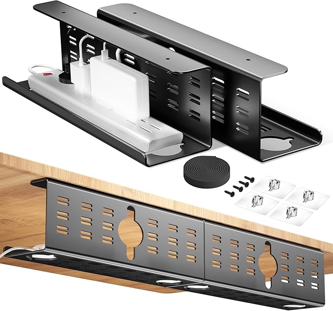 2 Pack Cable Management Under Desk Black, Cinati 32" Large Cable Management Tray, Under Desk Alloy Steel Wire Organizers, Cord Hider Tray for Office and Home - Tape or Screw Installation