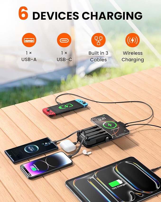 SOARAISE Wireless Solar Power Bank, 25000mAh Solar Charger with Built-in 3 Cables, Dual Outputs, 4 Solar Panels & 3 LED Flashlights, Portable Phone Charger for Outdoor Camping（Black）
